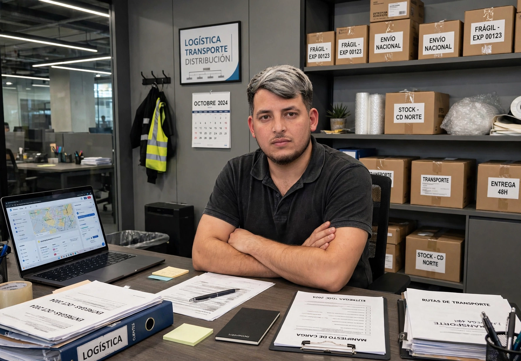 El fletero de Facha Fletes en su oficina de logística, con manifiestos de carga, rutas de transporte y envíos etiquetados